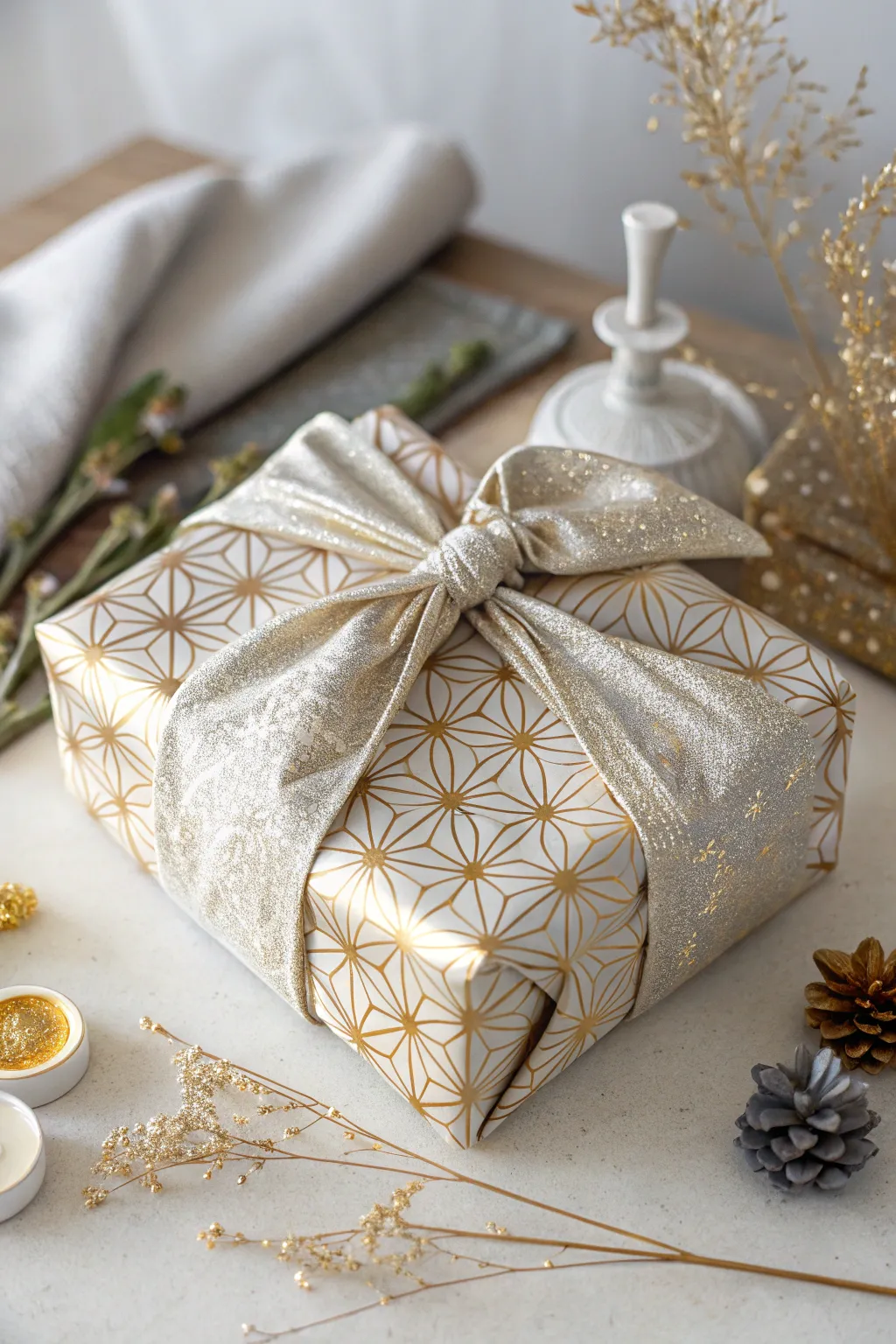 Elevate your gift-giving with elegant Japanese Furoshiki wraps in festive gold and silver.
