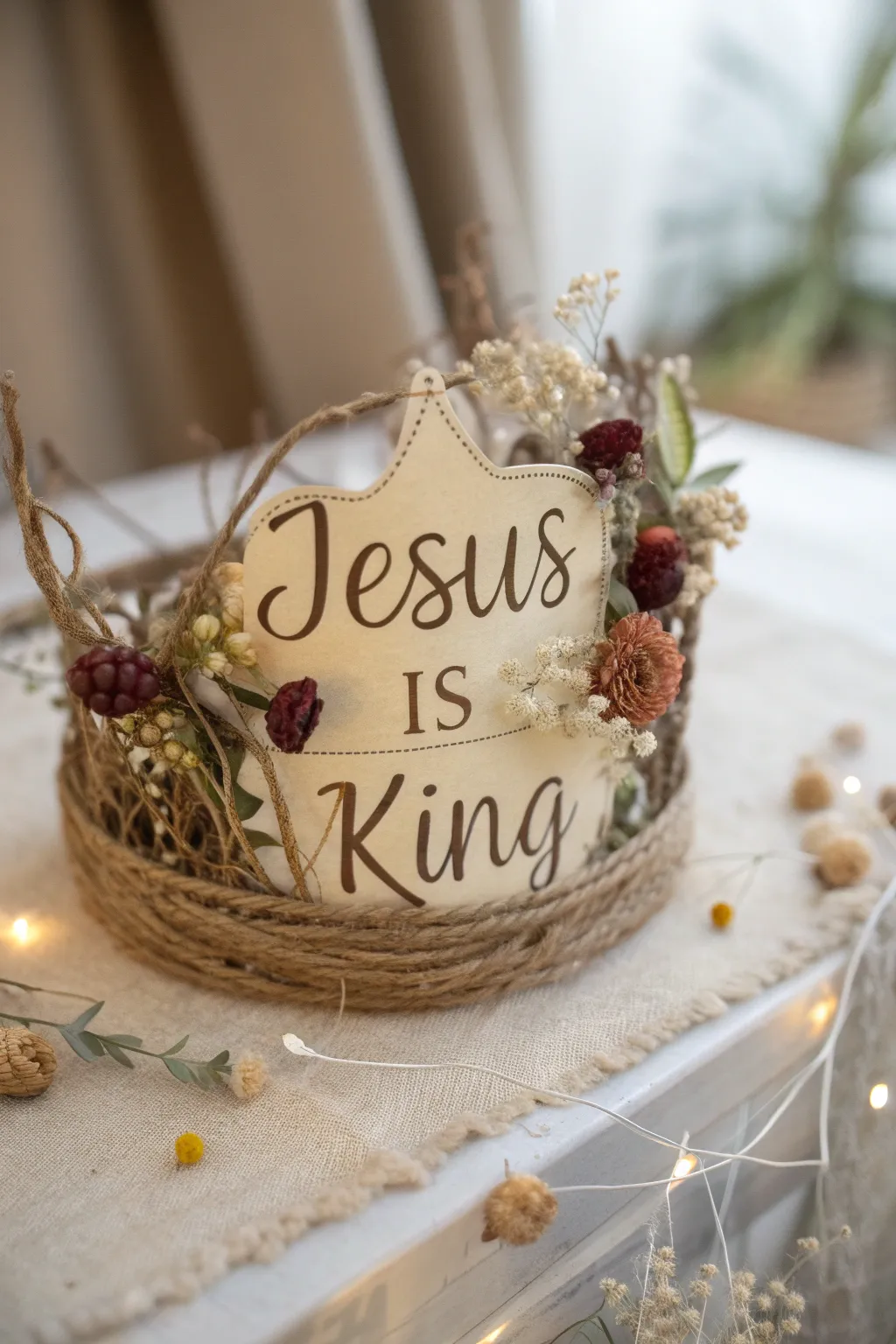 Craft your faith: A minimalist crown with a heartfelt message, blending Scandinavian simplicity with boho charm.