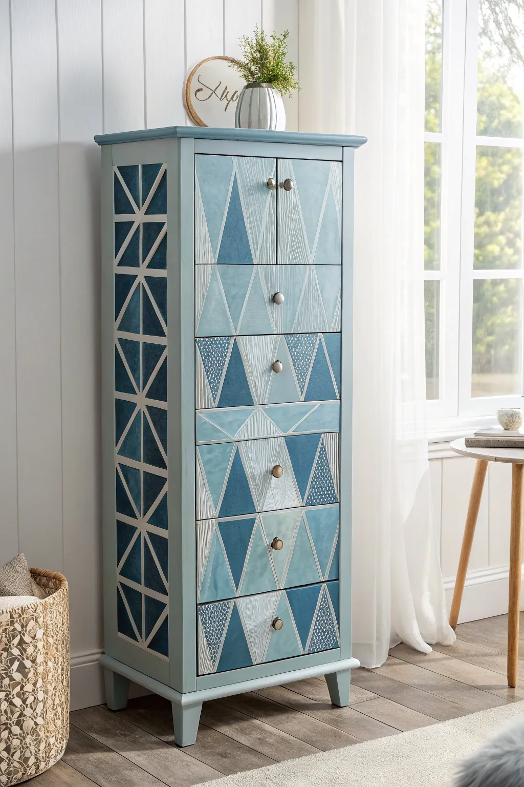 Transform your space with a chic geometric jewelry armoire makeover. #ScandiBoho #GeometricElegance