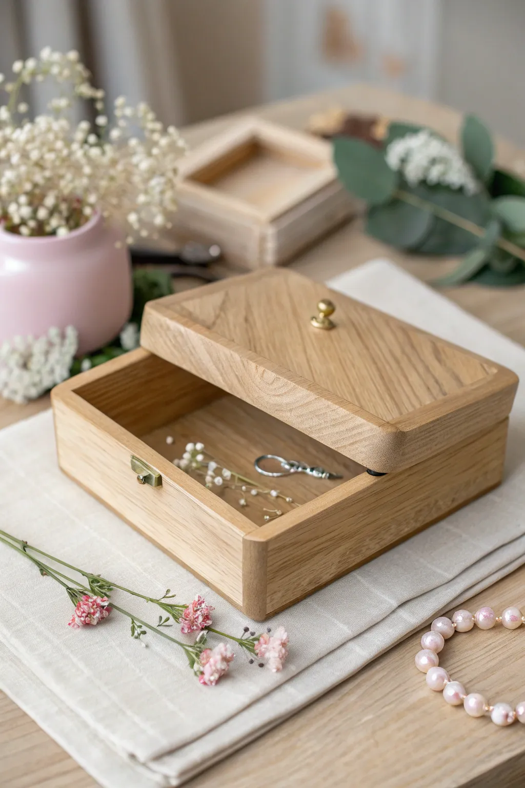 Transform your jewelry box with nature's elegance: a minimalist design with the charm of pressed flowers.