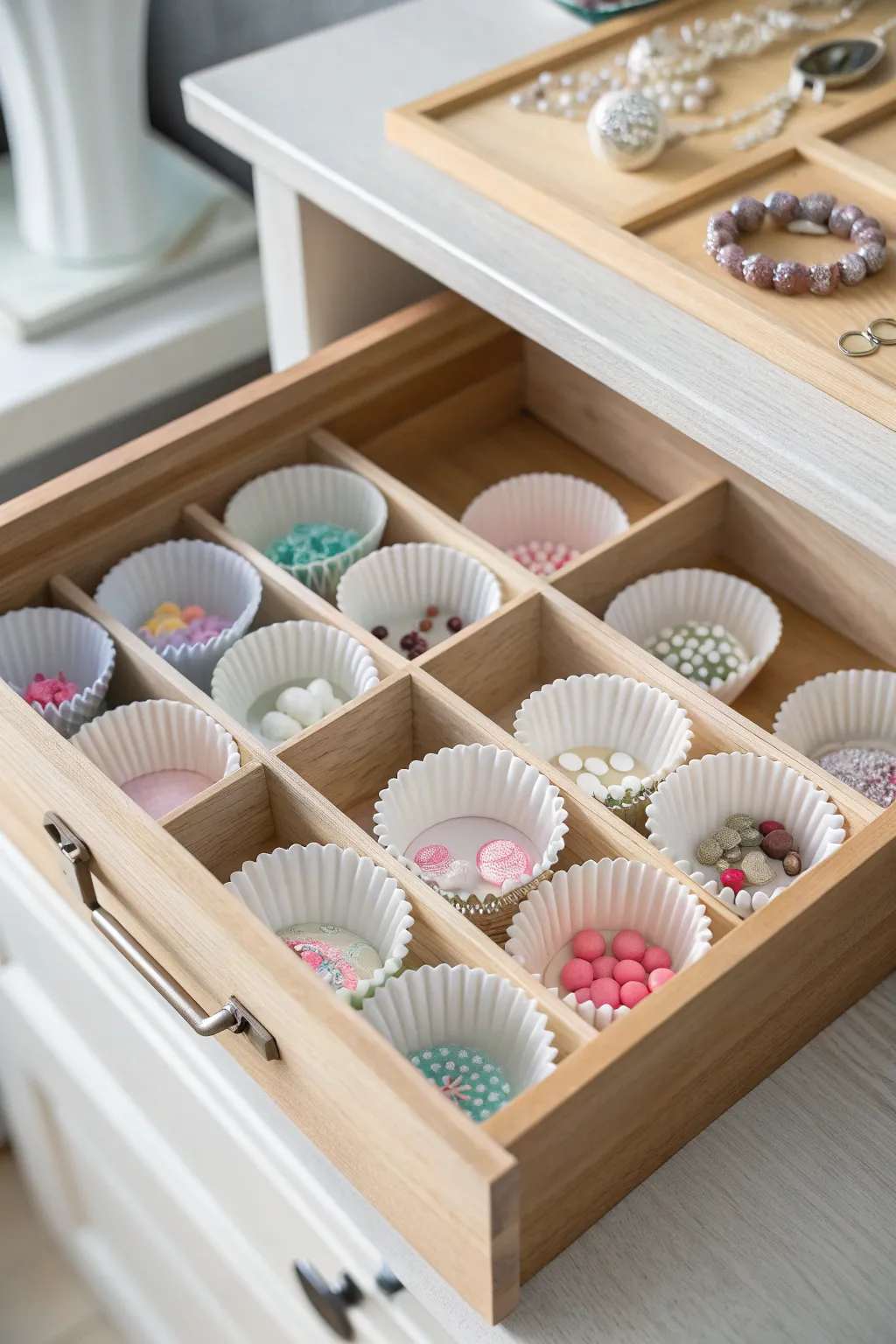 Organize your beads with style using pastel cupcake liners for a touch of Boho charm.
