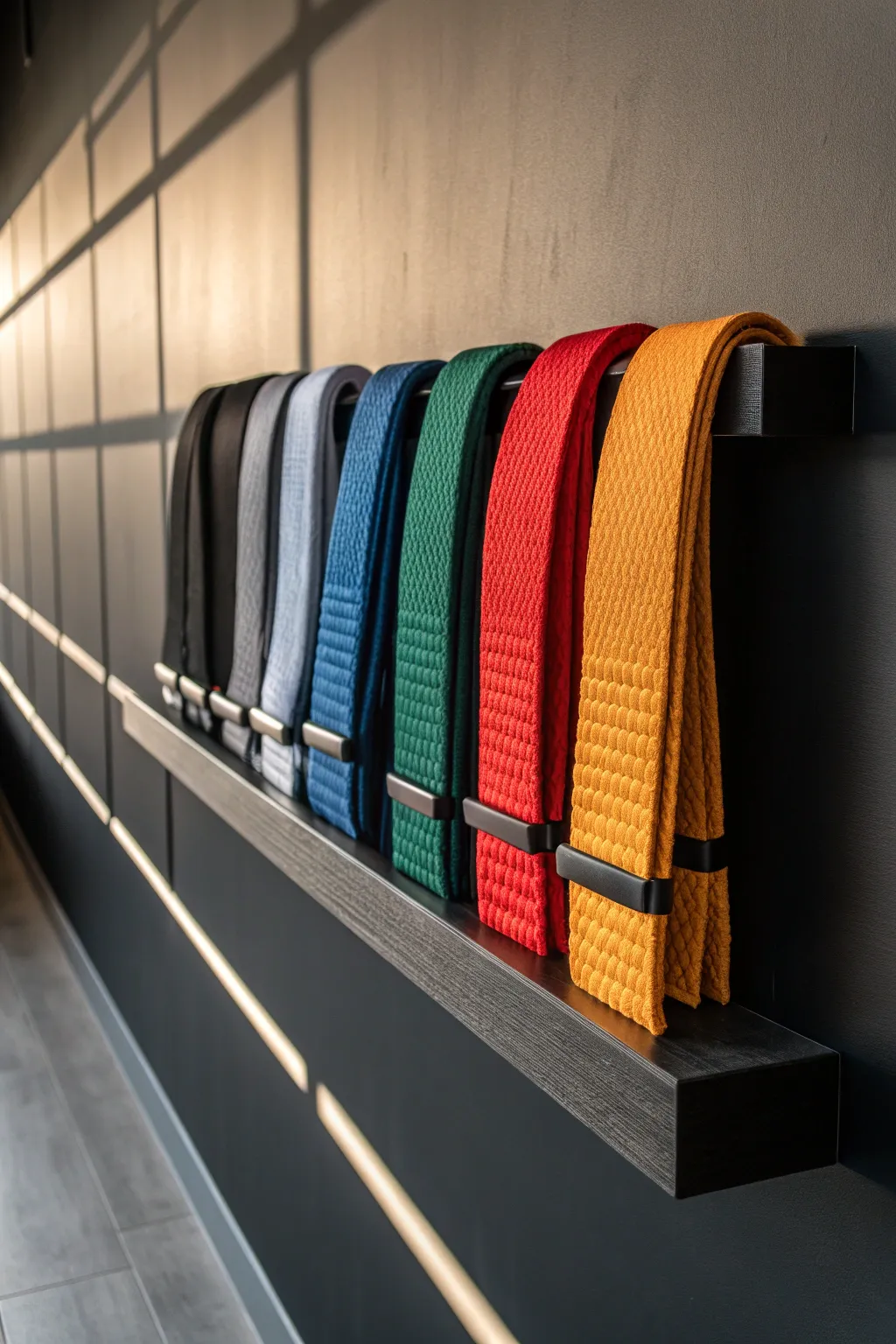 Elevate your achievements with this striking floating shelf display for karate belts.
