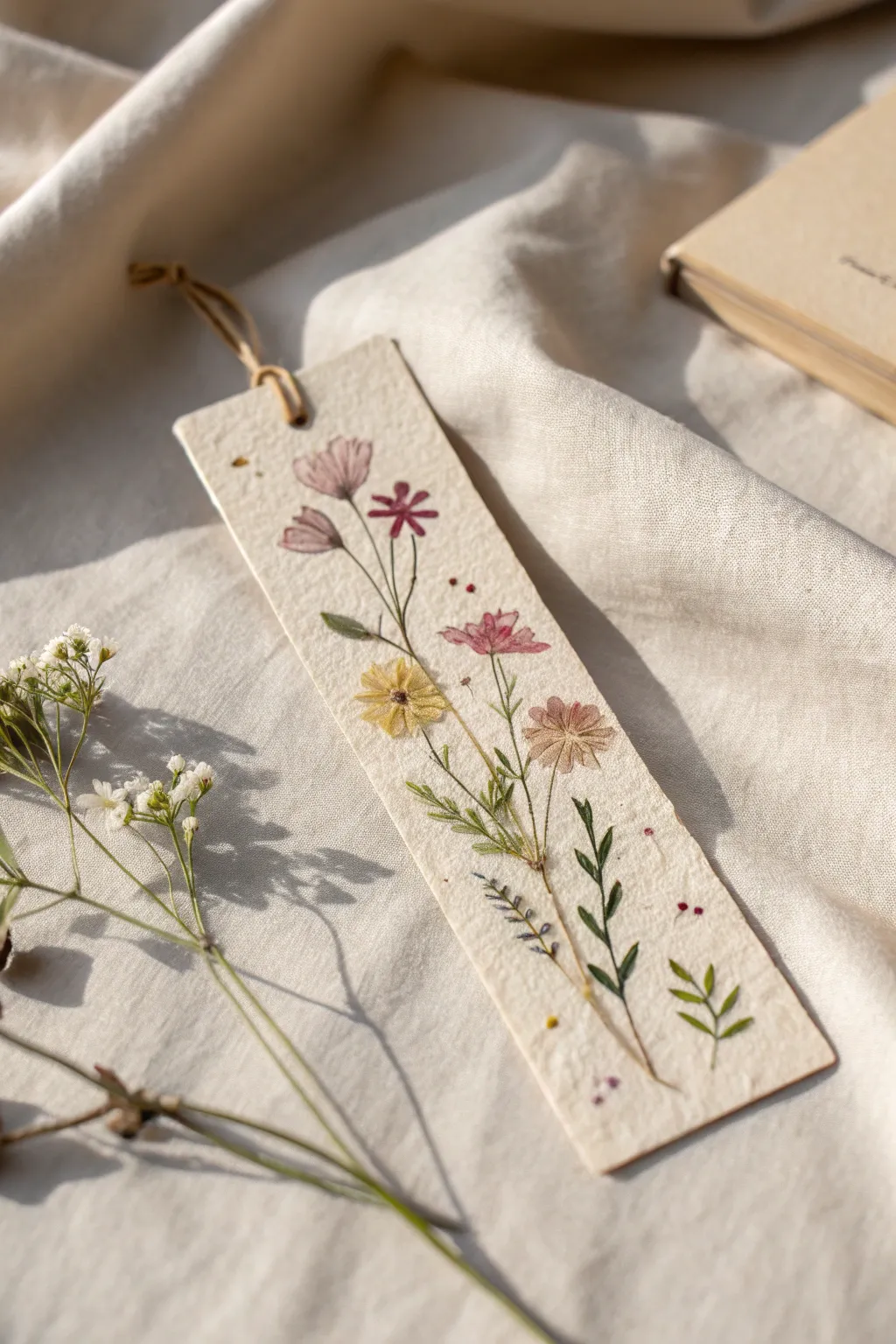 Capture the essence of sunny days with this handcrafted floral bookmark, a perfect blend of simplicity and natural beauty.