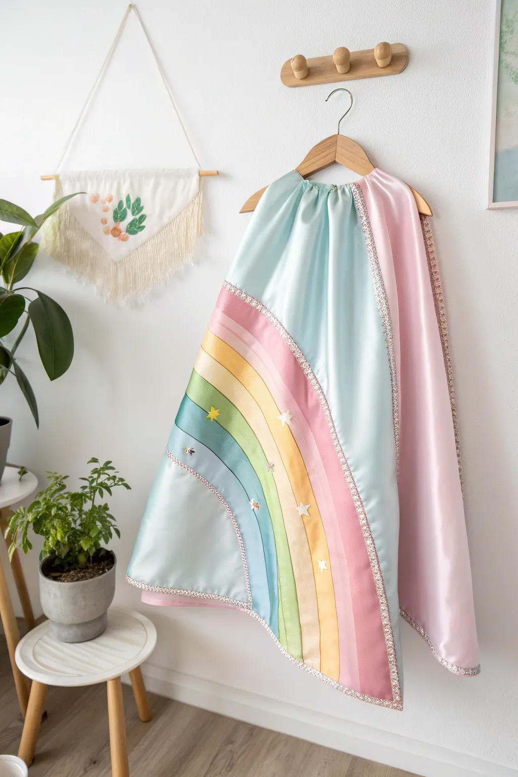 Unleash your child's imagination with this enchanting rainbow cape, where vibrant colors meet minimalist charm.