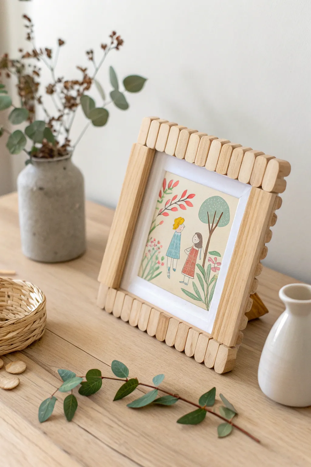 Celebrate creativity with these charming popsicle stick frames, perfect for showcasing little masterpieces in style.