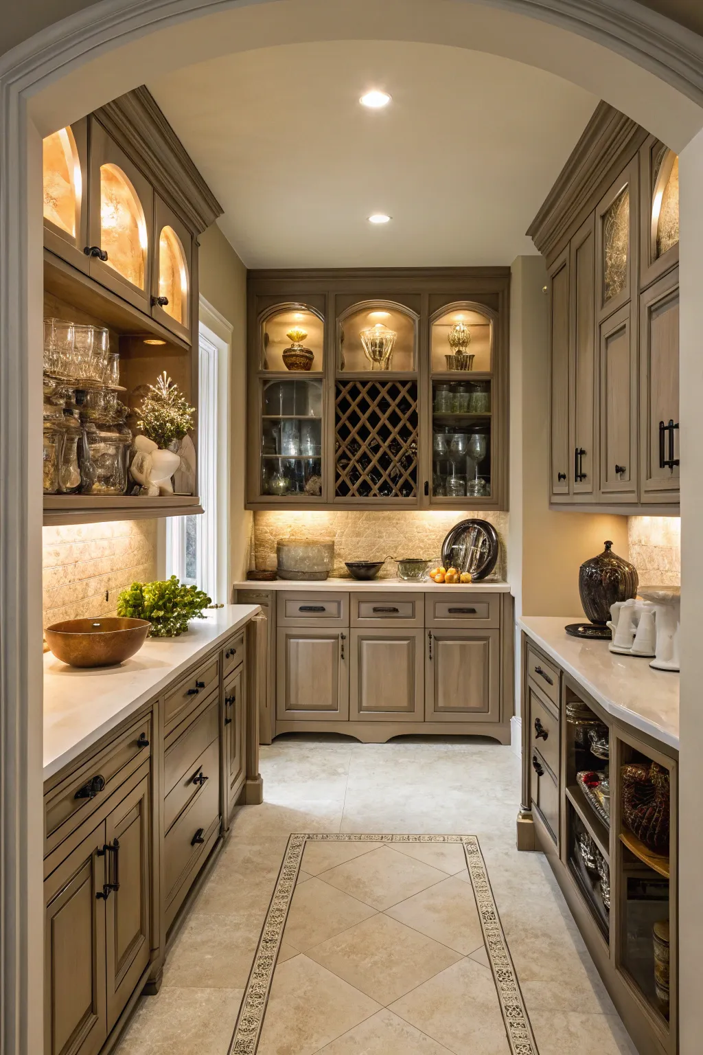 Symmetrical elements create a harmonious balance around this kitchen alcove.