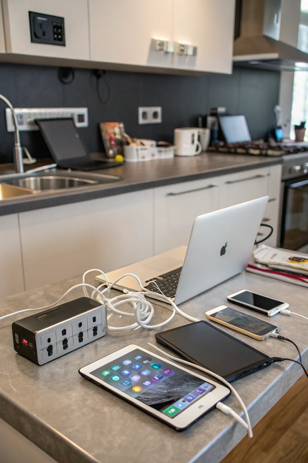 Tech-friendly features make the desk area functional and modern.
