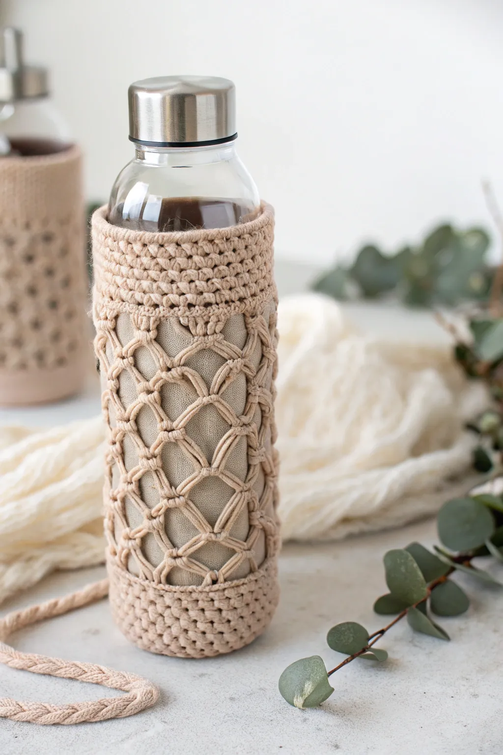 Elevate hydration with a touch of handmade charm. 🌿 #KnittedCozy #ScandiBoho