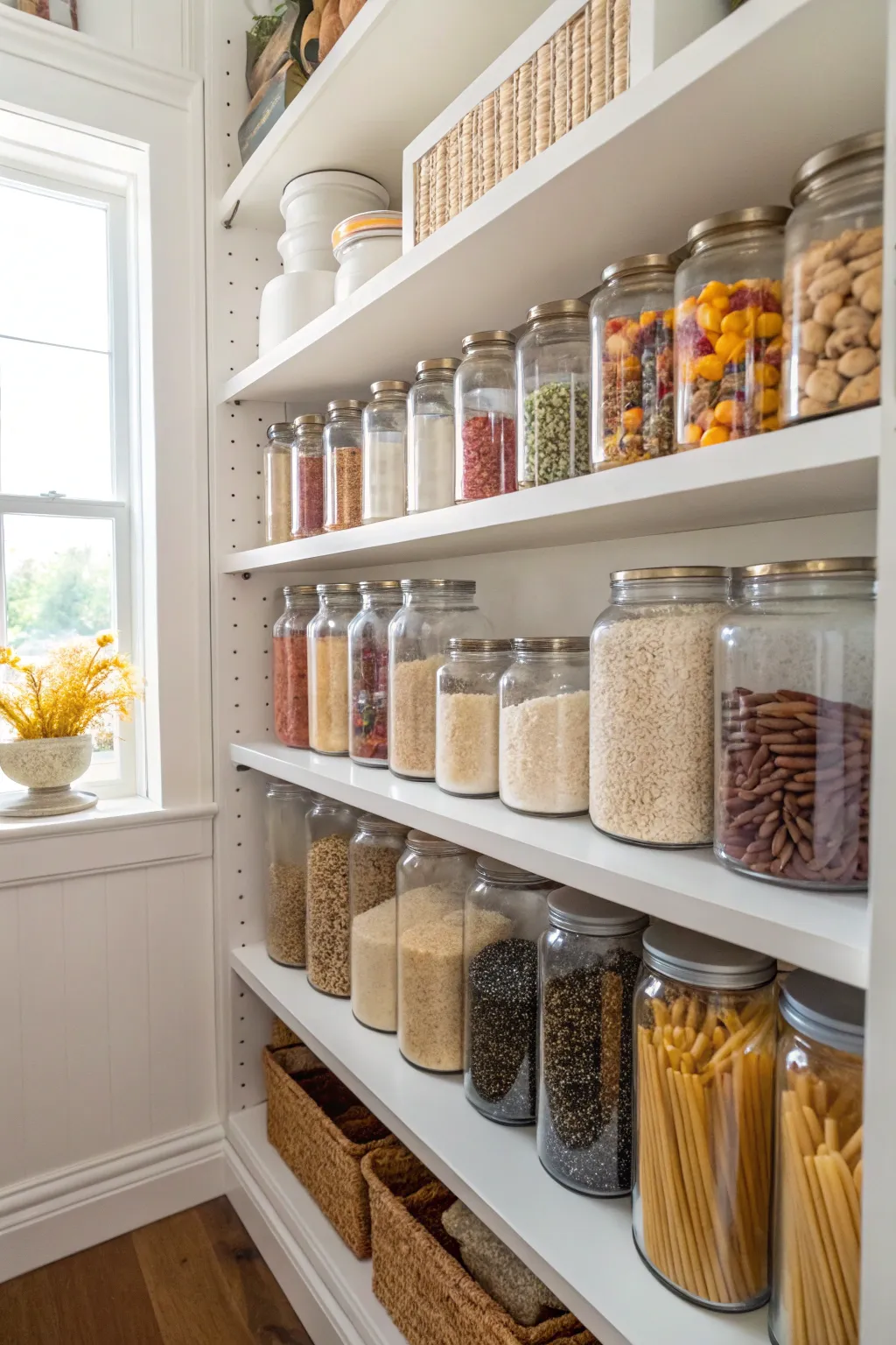 Glass jars in an L-shaped pantry providing a stylish and organized solution for dry goods.