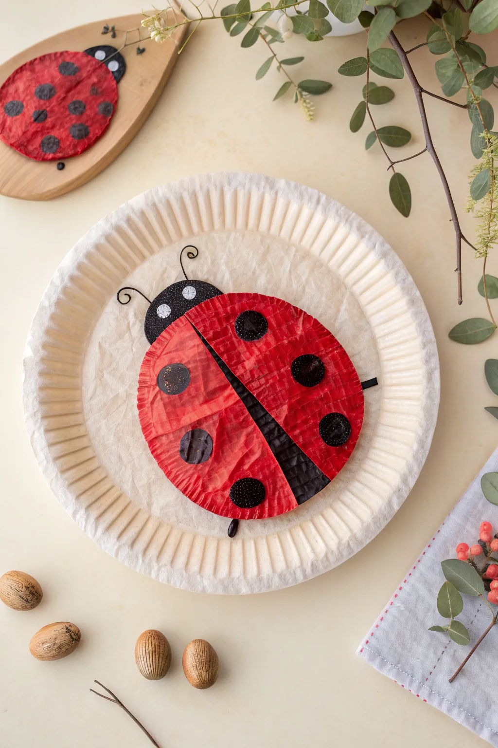 Craft your own decoupage paper plate ladybug and embrace the charm of simplicity and natural beauty.