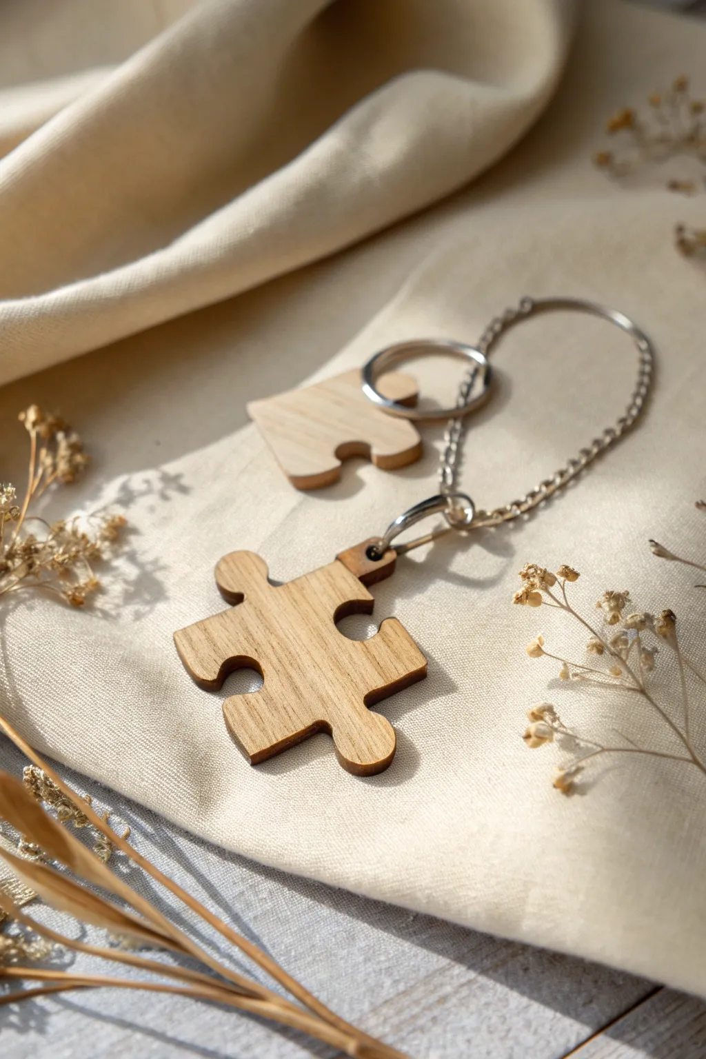 A unique connection: this laser-cut puzzle piece keychain embodies unity and craftsmanship.