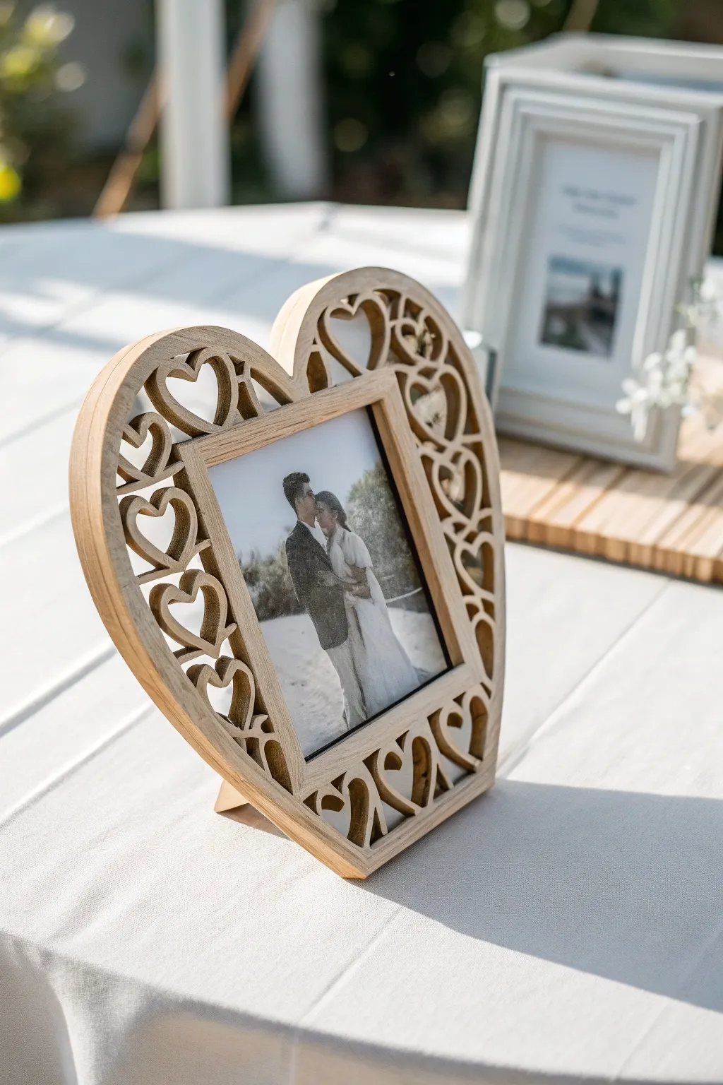 Capture your cherished memories with minimalist elegance and boho flair in a heart-shaped frame.