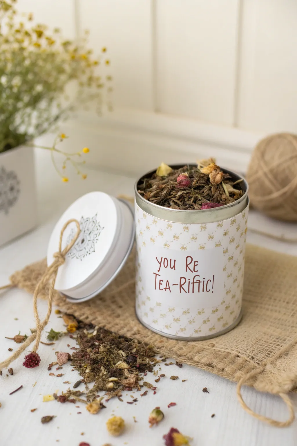 Craft a heartfelt 'You're tea-riffic!' gift with this custom tea blend idea, perfect for showing appreciation with natural elegance.