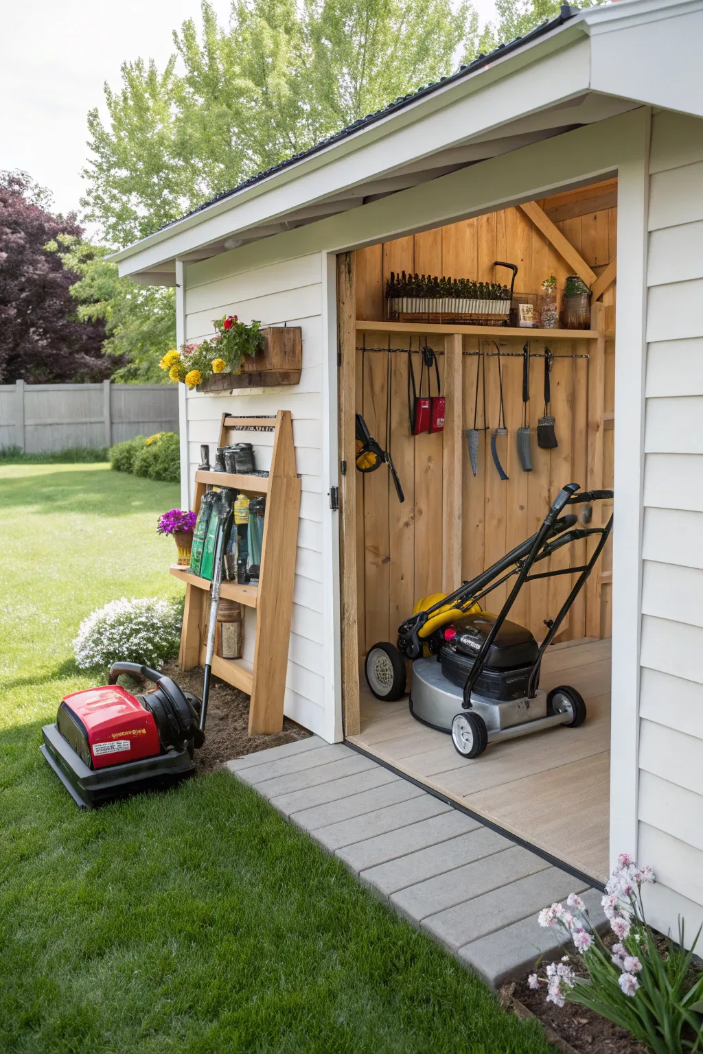 A multi-purpose tool shed with a specialized mower storage area.