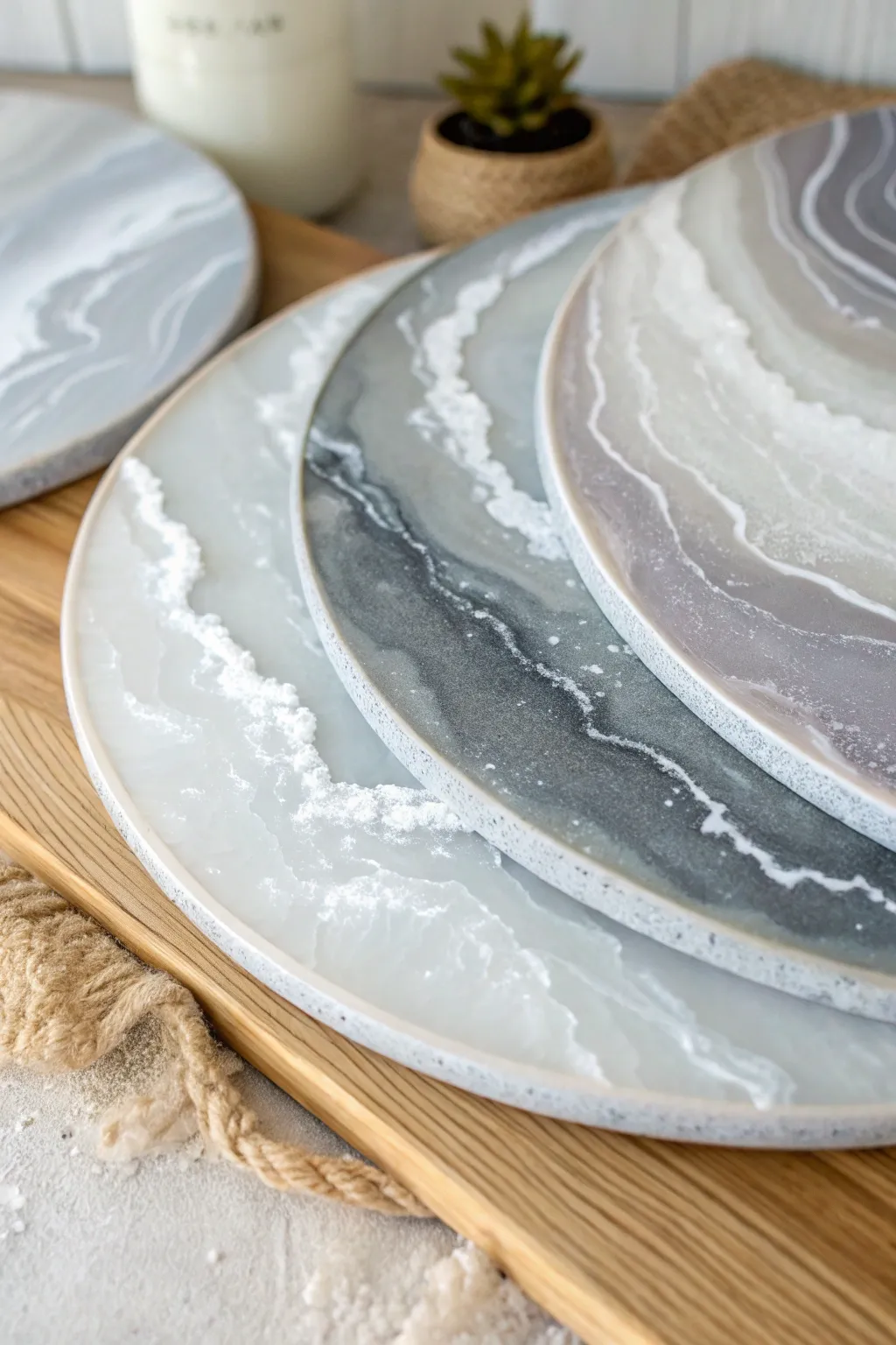 Embrace the tranquility of subtle monochrome layers in resin art, where simplicity meets elegance.