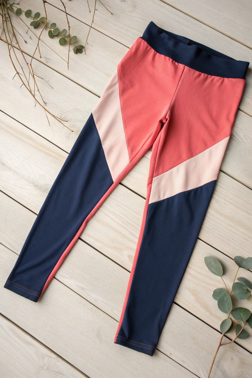 Elevate your style with these chic color-blocking leggings in navy and coral, where simplicity meets bold elegance.