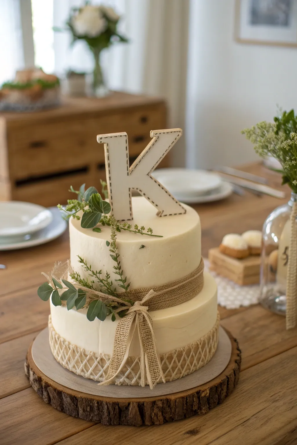 Embrace rustic elegance with this charming K cake, perfect for your next outdoor celebration.