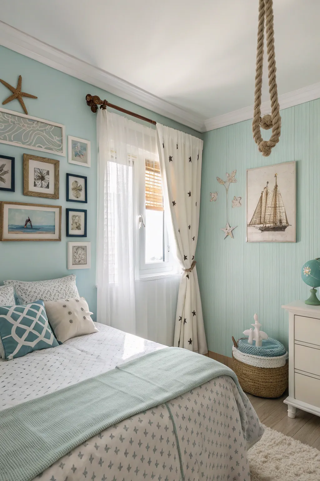 A refreshing bedroom with light aqua tones and nautical decor.