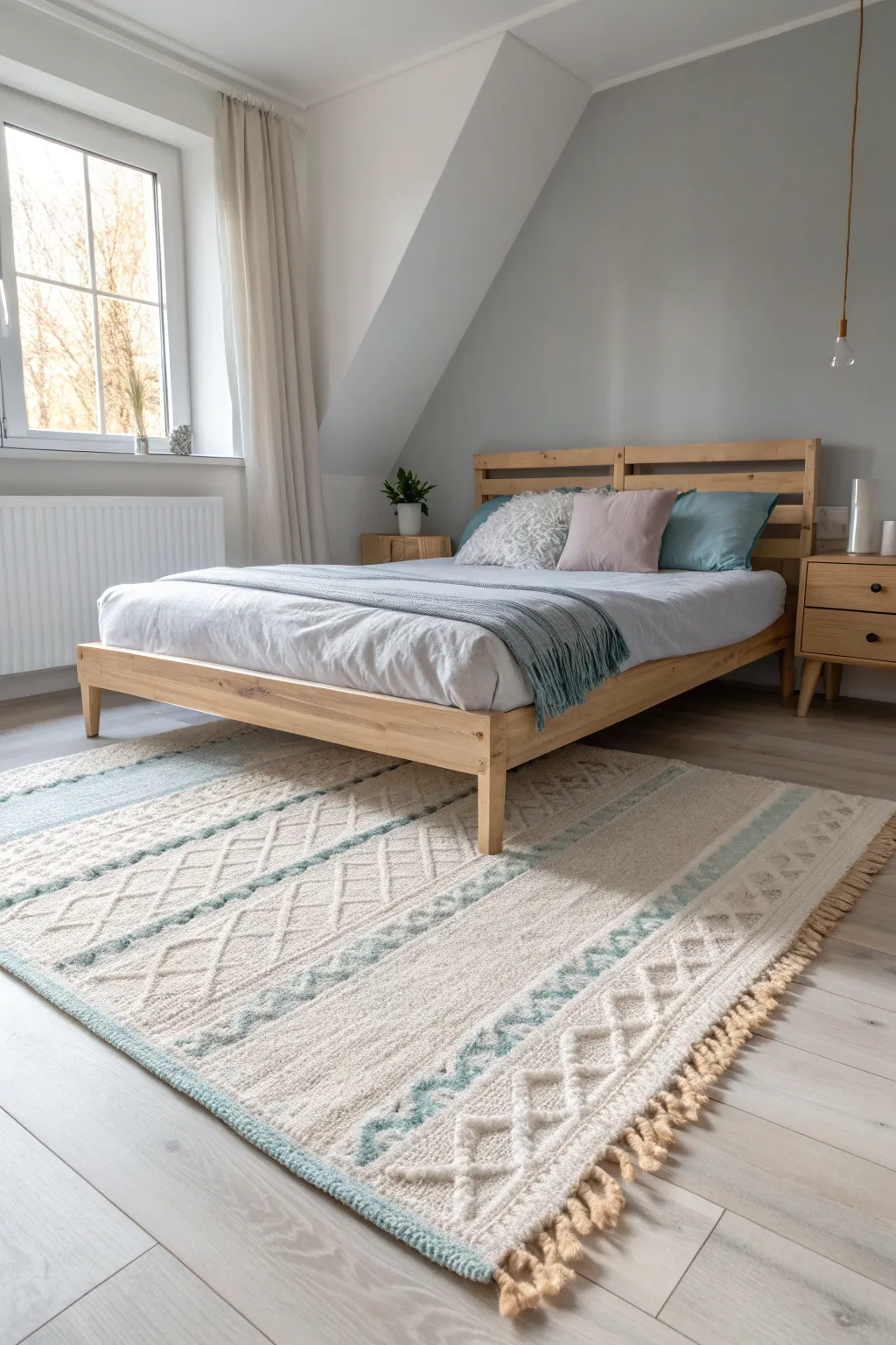 A bold rug can be the centerpiece that elevates your light gray bedroom.