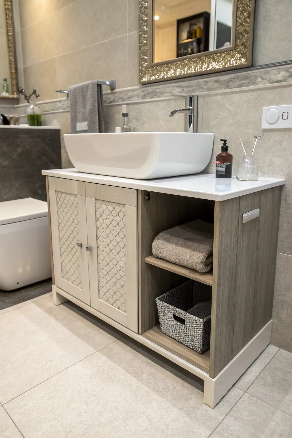Textured finishes enhance the visual appeal of under-sink cabinets.