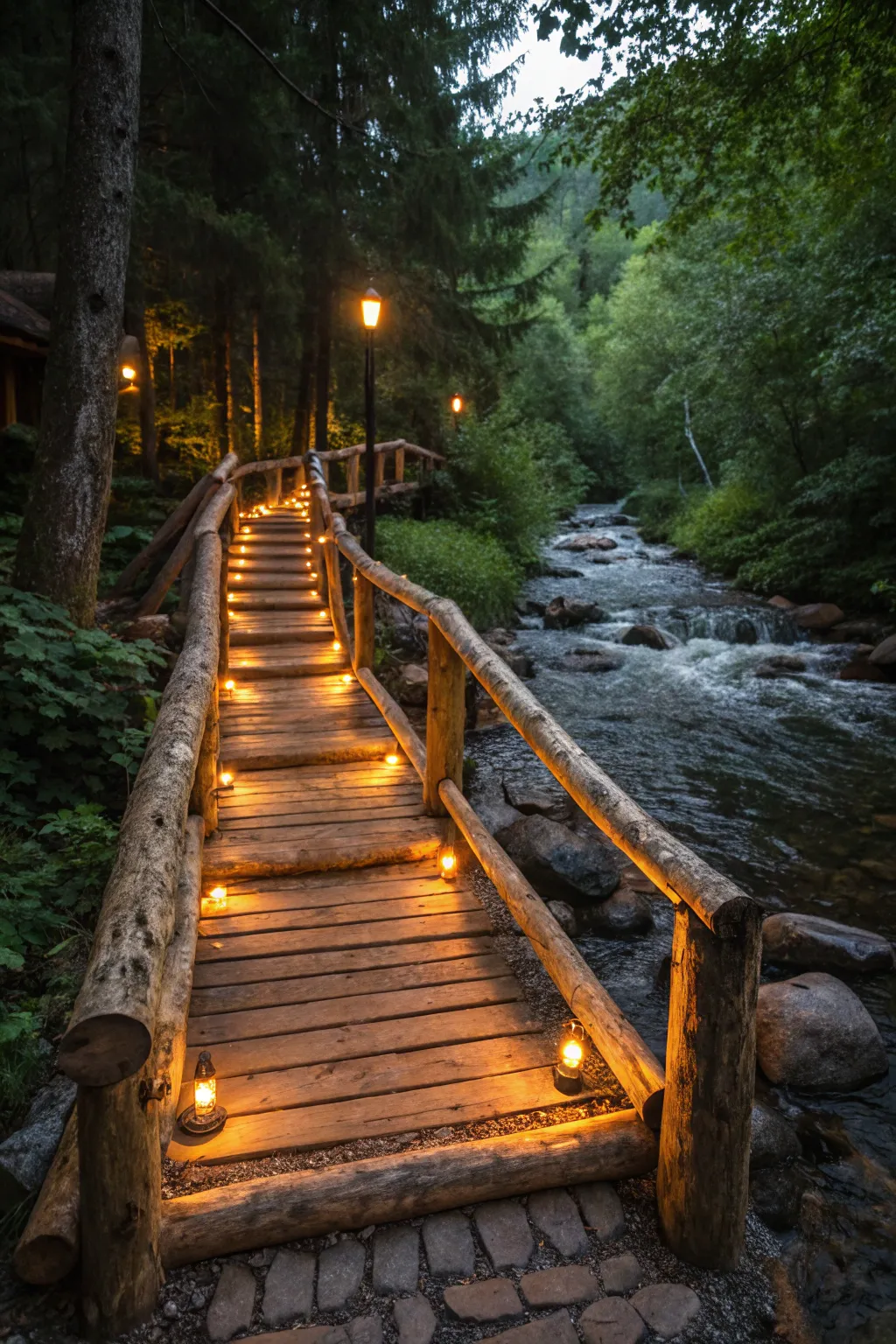 Transform your log bridge into a nighttime masterpiece with enchanting solar lighting.