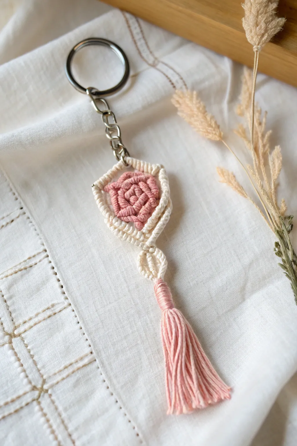 Embrace simplicity and elegance with a rosebud macrame keychain – the perfect blend of Scandinavian minimalism and Boho charm.