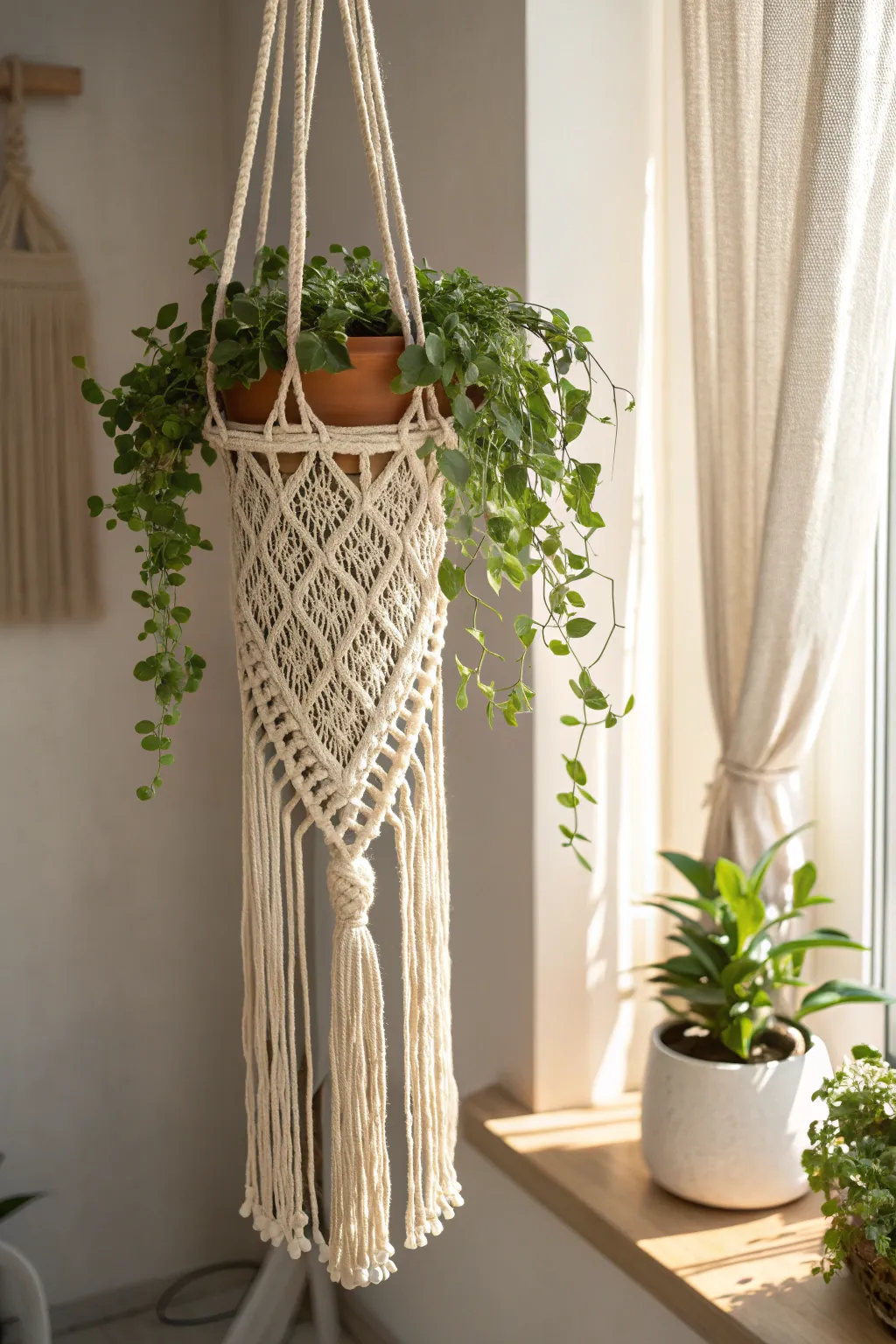Embrace the playful elegance of fringe with this bohemian macrame plant hanger.