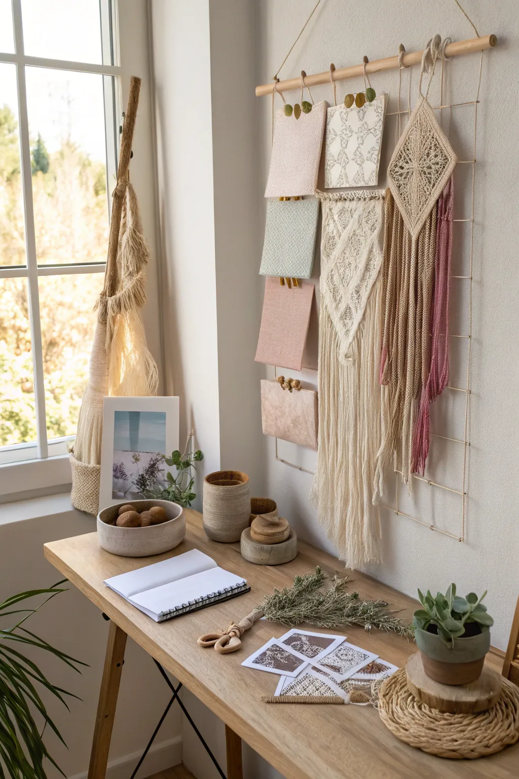 Inspire your creativity with a serene macrame mood board that blends Scandinavian minimalism with boho elegance.