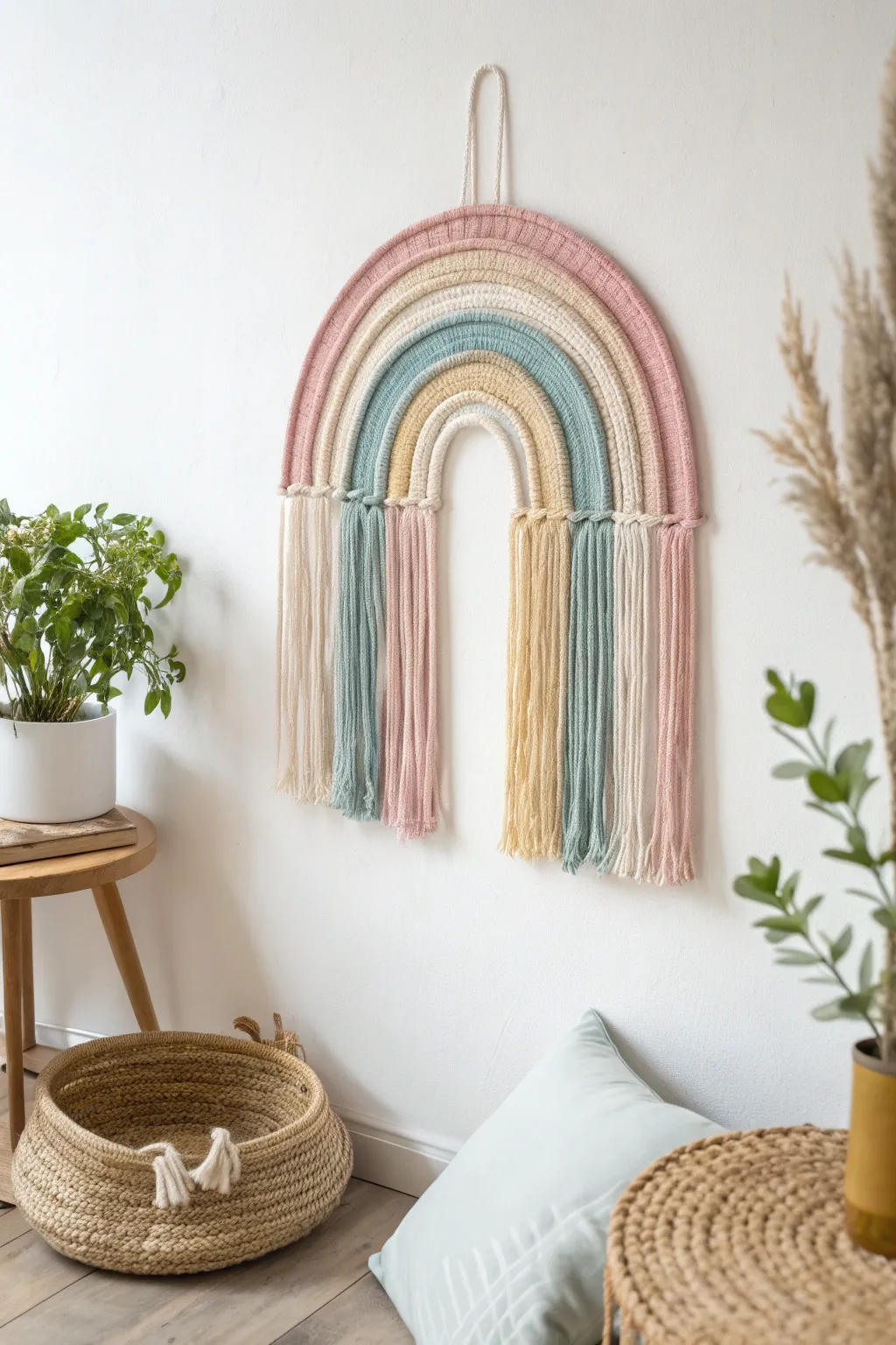 Add a splash of color and warmth with this charming rainbow yarn wall hanging. Perfect for a cozy, minimalist aesthetic.
