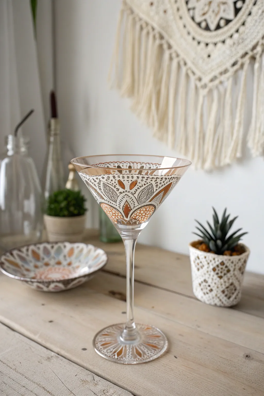 Sip in style with a touch of culture—elegant mandalas and tribal motifs on your martini glass.