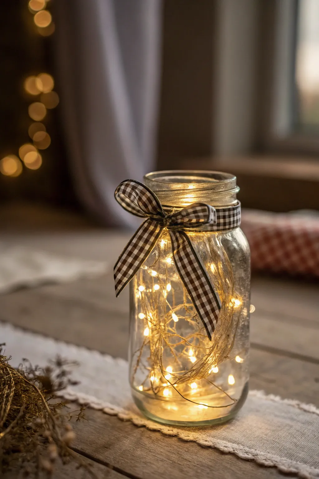 Add a touch of farmhouse charm to your holiday decor with gingham-adorned mason jar ornaments.