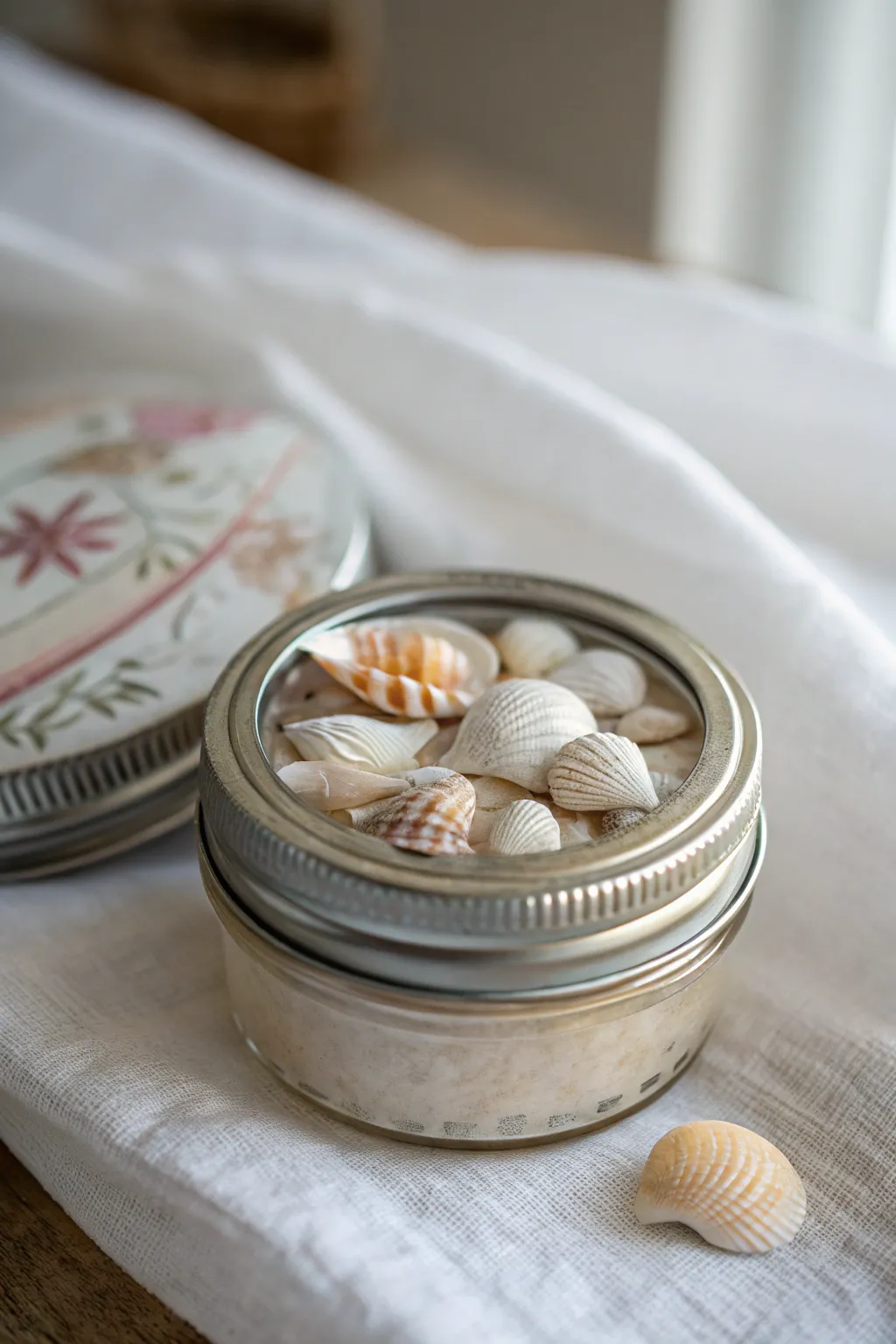 Bring the beach to your winter decor with elegant seashell-adorned mason jar lids.