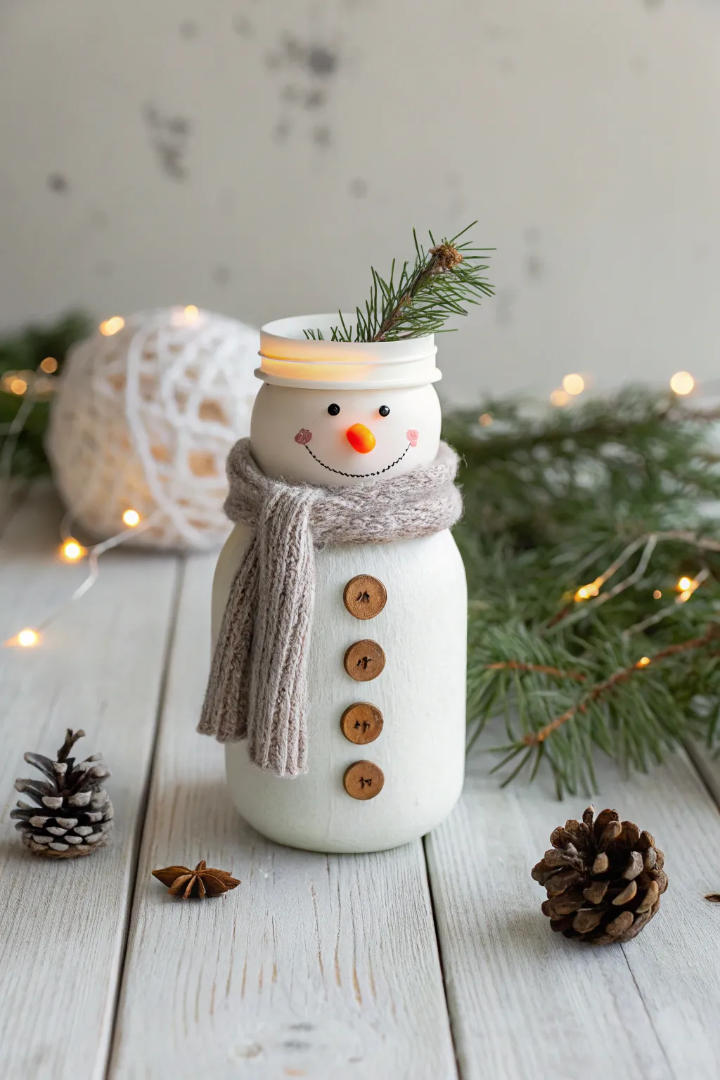 Illuminate your winter decor with this charming mason jar snowman and its glowing nose!