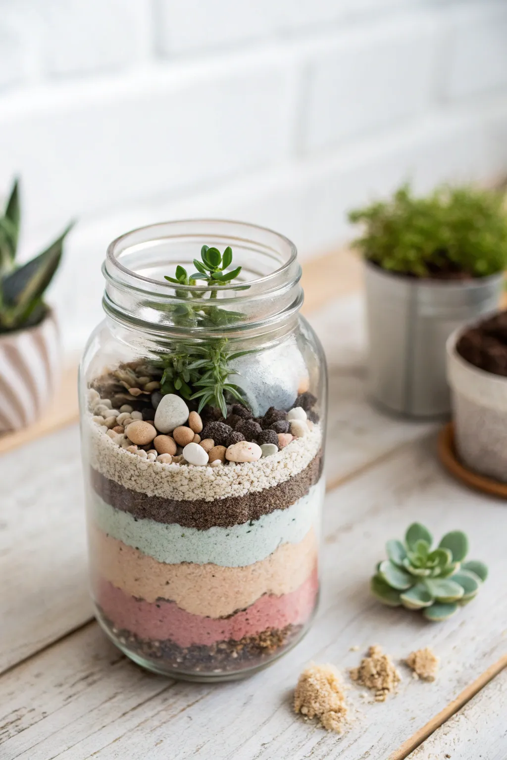 Discover the beauty of geometric layers in your mason jar terrarium—where minimalism meets artistic flair.