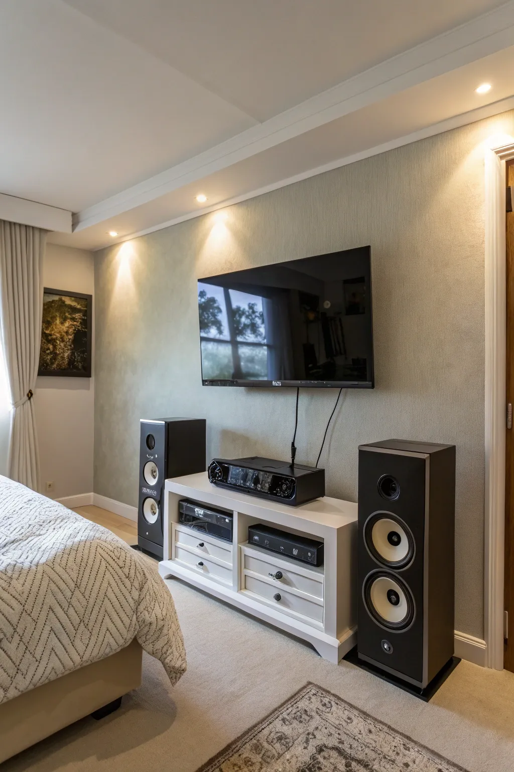 A tech corner offers modern entertainment in style.