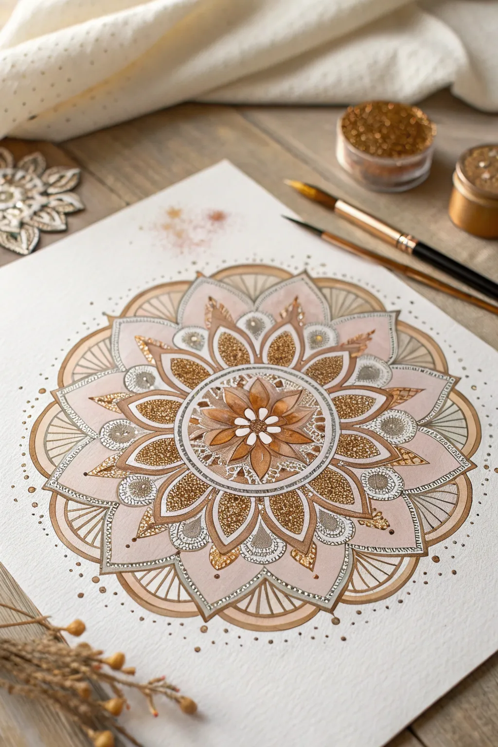 Capture serenity with elegant metallic mandalas that shimmer and soothe.