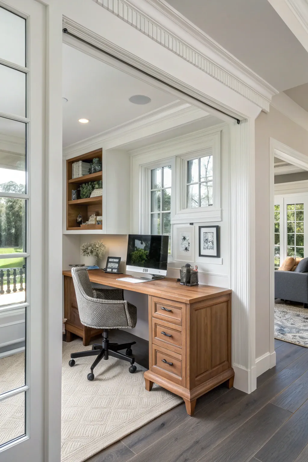 Crown molding framing a functional workspace in a home office.