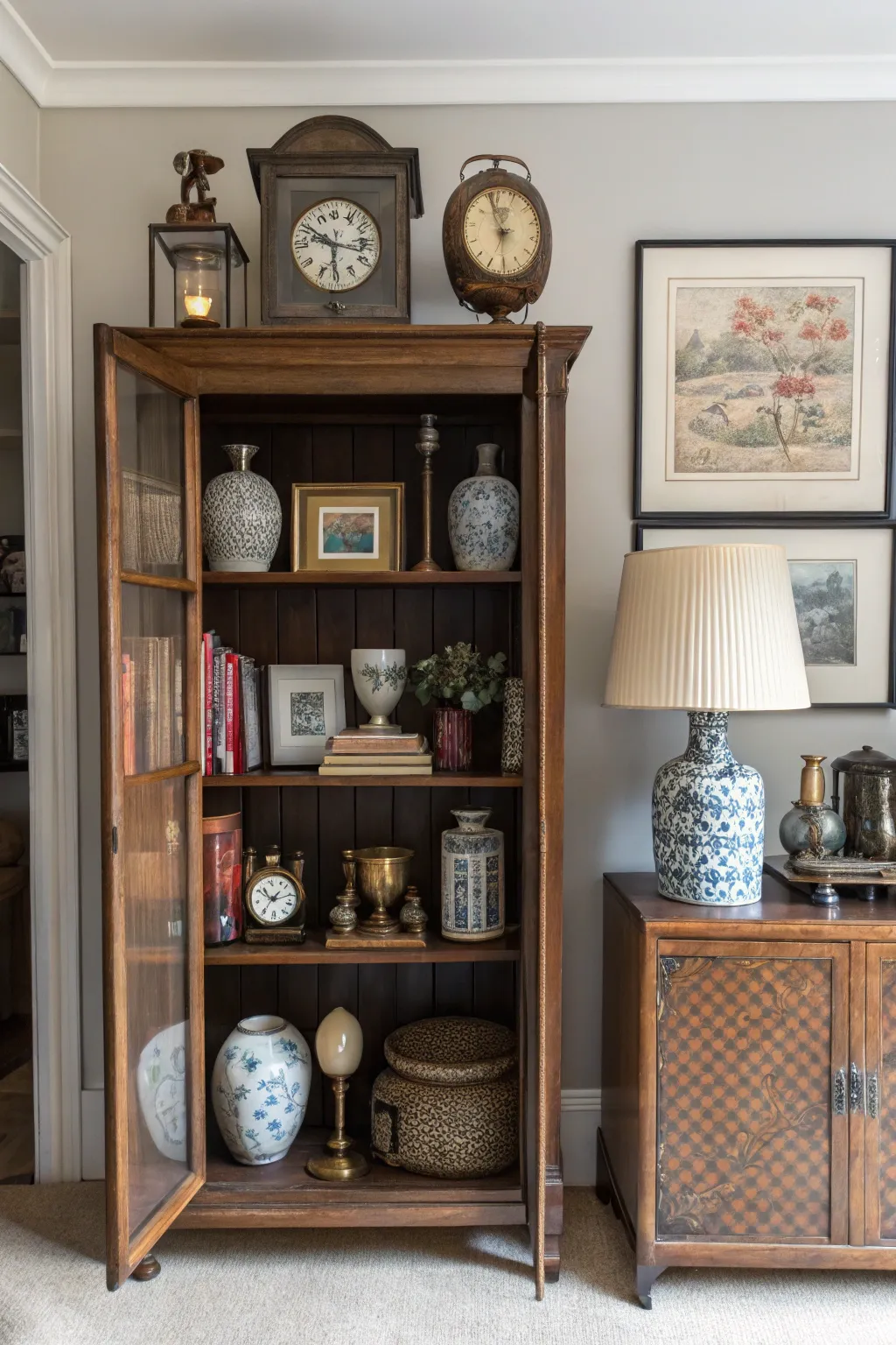 Vintage finds adding character to a modern armoire display.