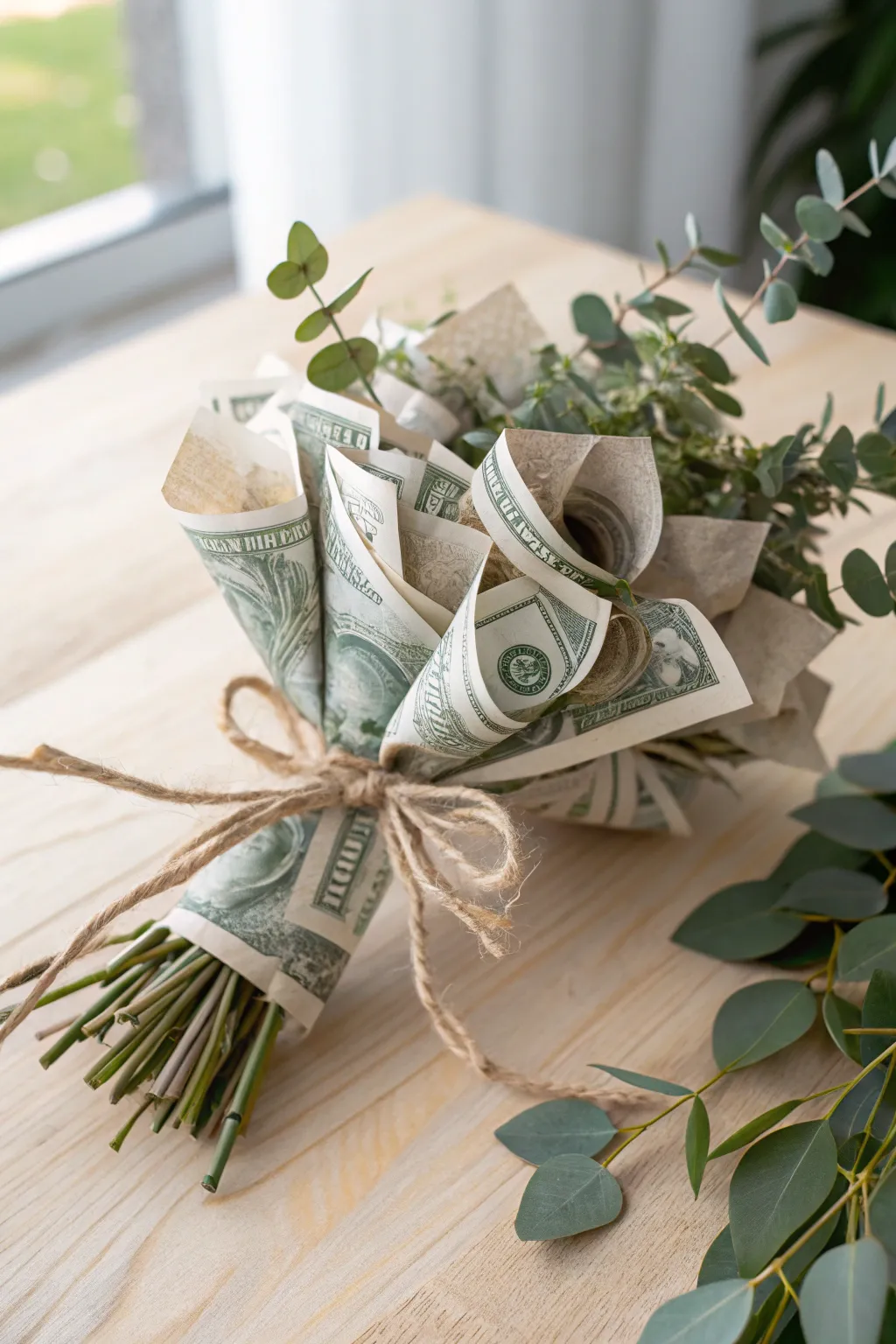 Elegance in simplicity: Discover the charm of eco-friendly twine in your money bouquet.