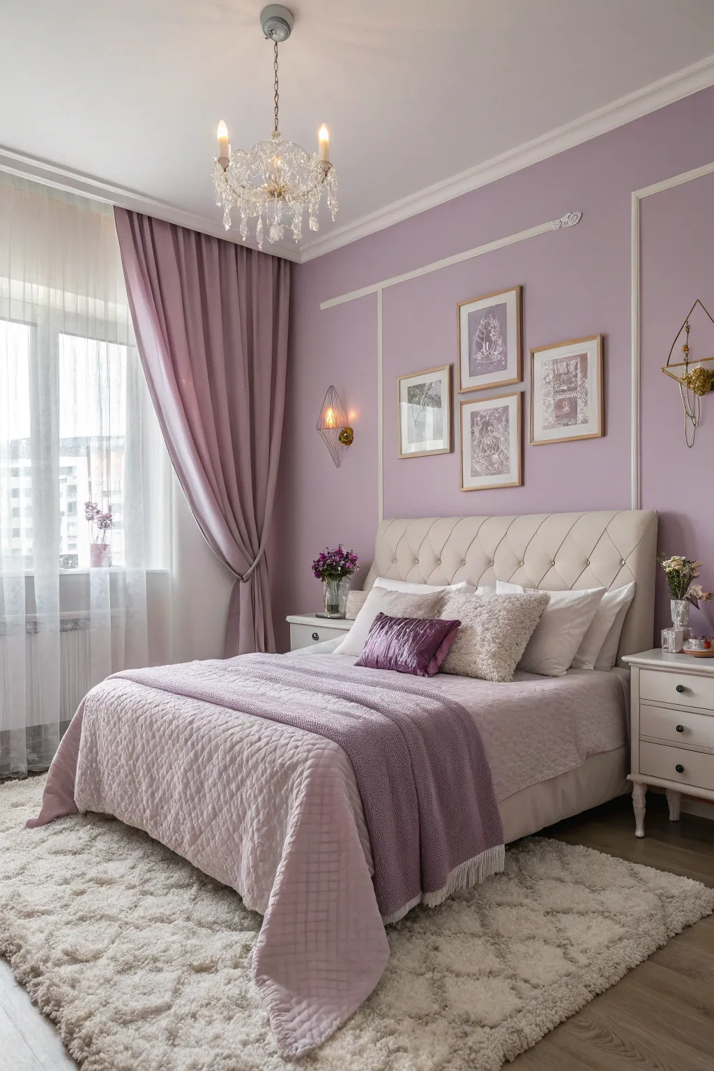 Lavish lilac layers that create a romantic and sophisticated retreat.