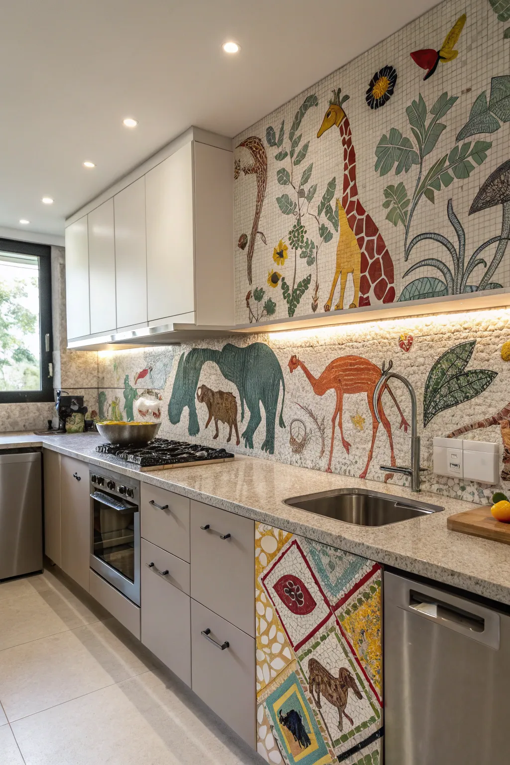 Whimsical mosaics add fun and personality to the kitchen.