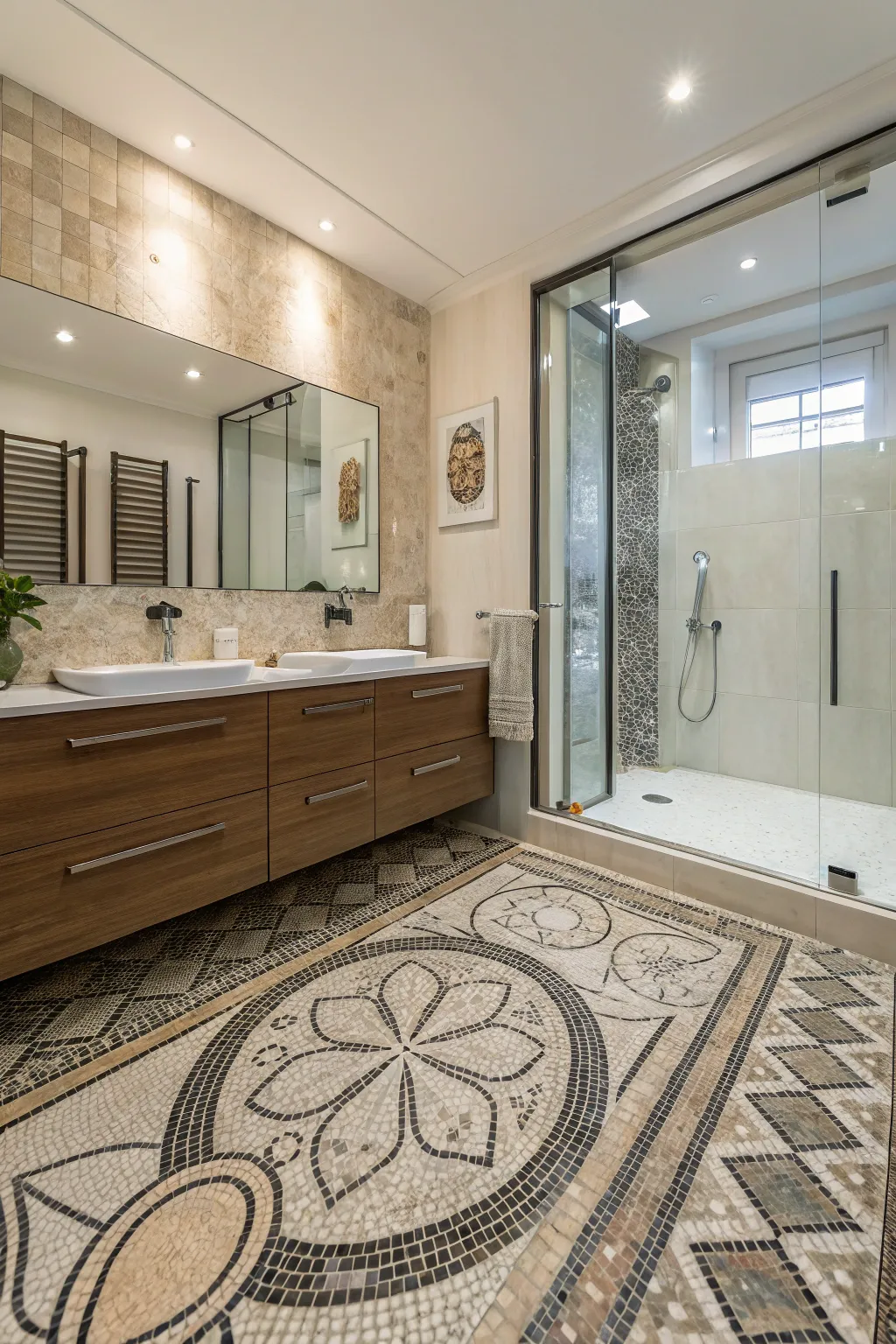 Asymmetrical mosaic patterns create an artistic and unique bathroom floor.