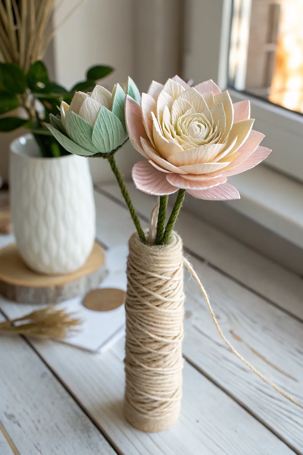 Add a cozy touch to your Mother's Day bouquet with yarn-wrapped stems — a perfect blend of simplicity and elegance.