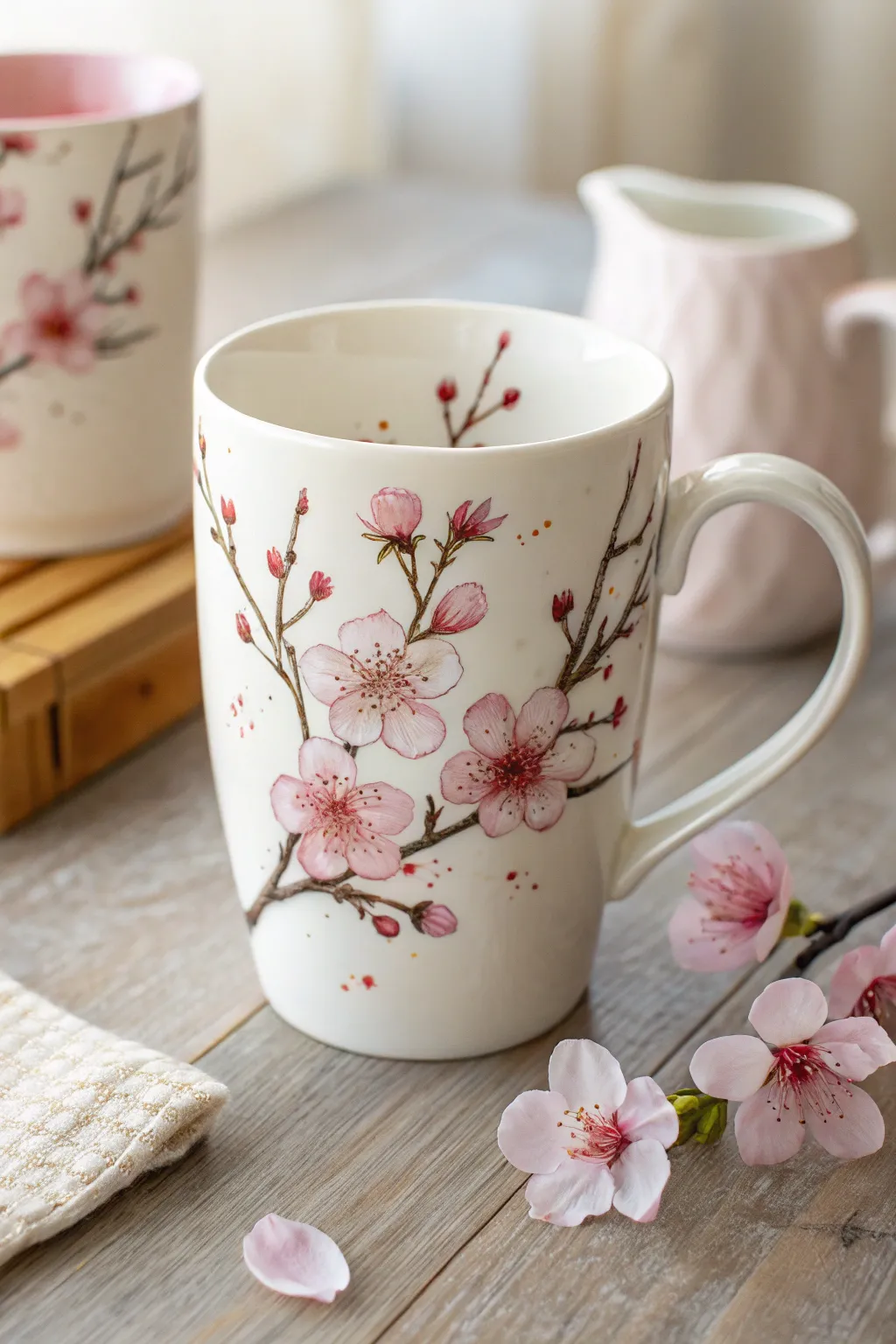 Embrace the subtle elegance of cherry blossoms with this beautifully hand-painted mug, a perfect nod to spring's gentle renewal.