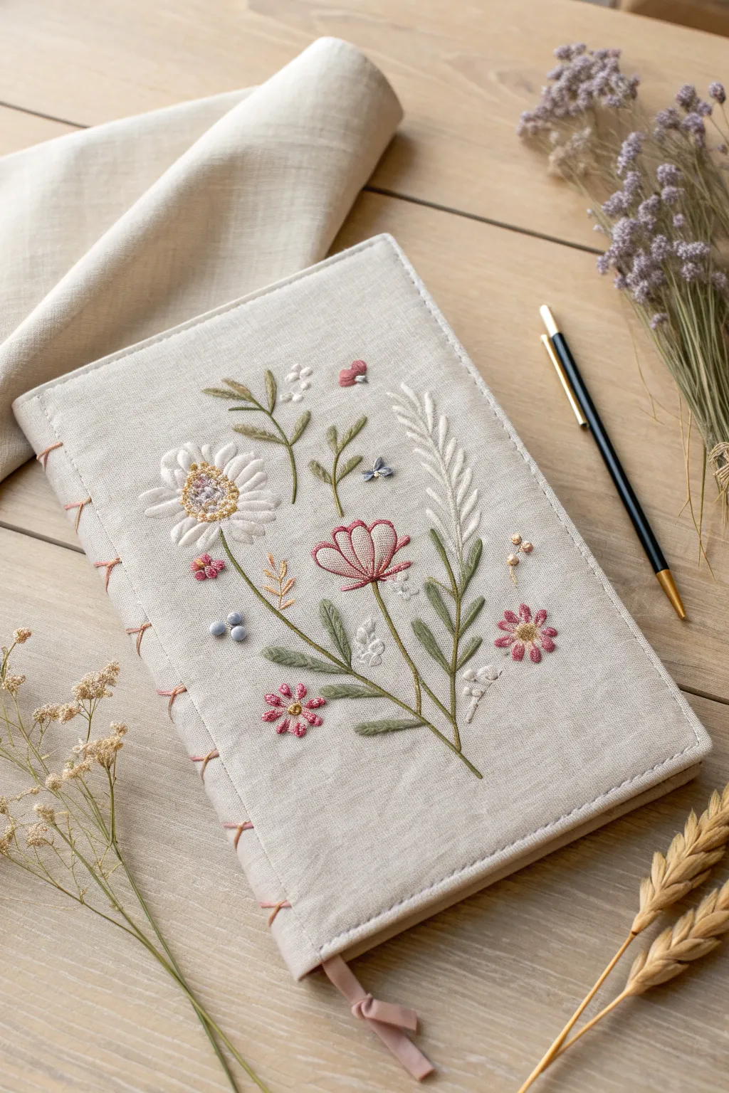 Elevate your notebook with delicate embroidery for a touch of elegance and natural beauty.