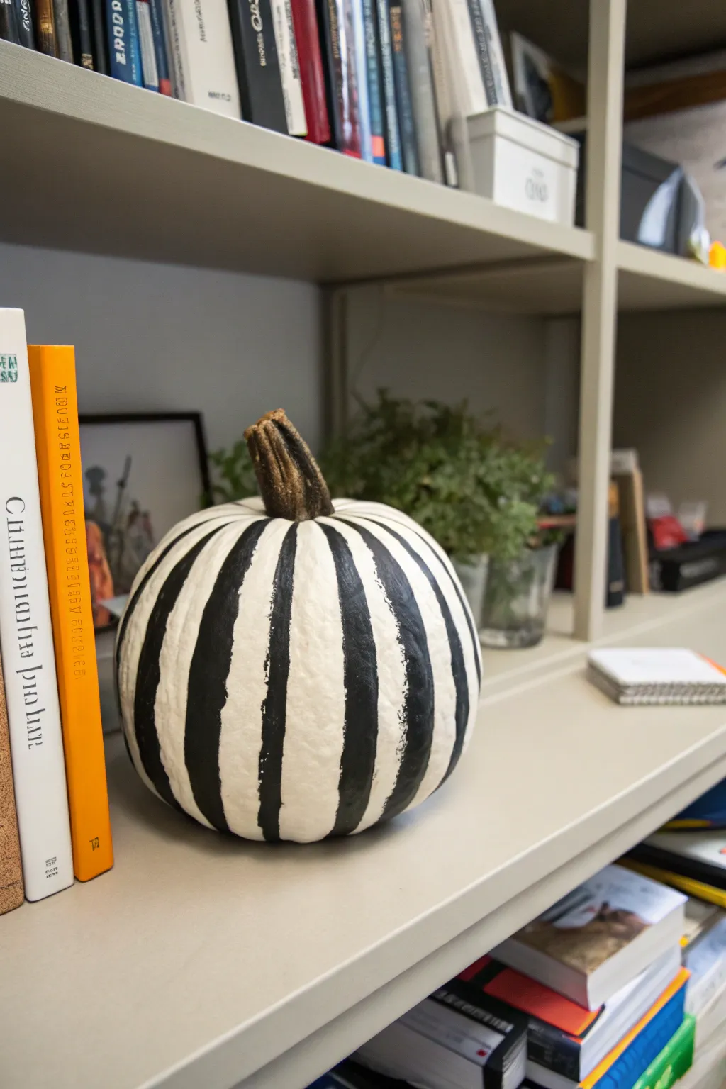 A sophisticated striped pumpkin, adding elegance to the office.