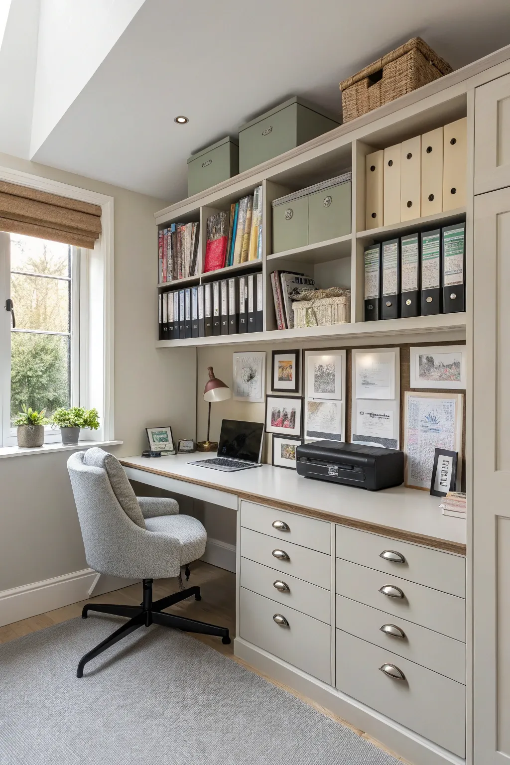 A home office with functional storage cabinets and file systems.