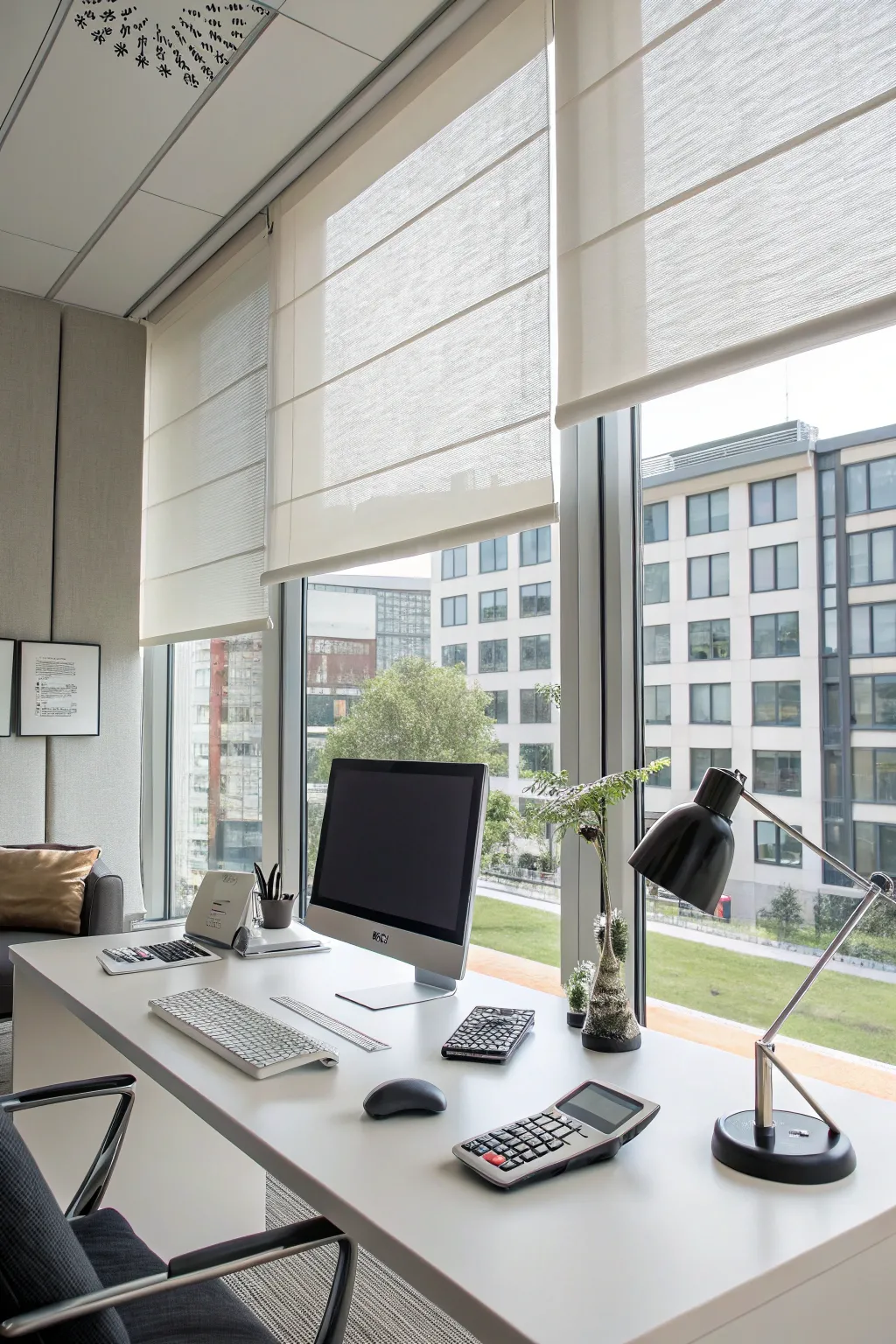 Motorized shades offer convenience and modern functionality.