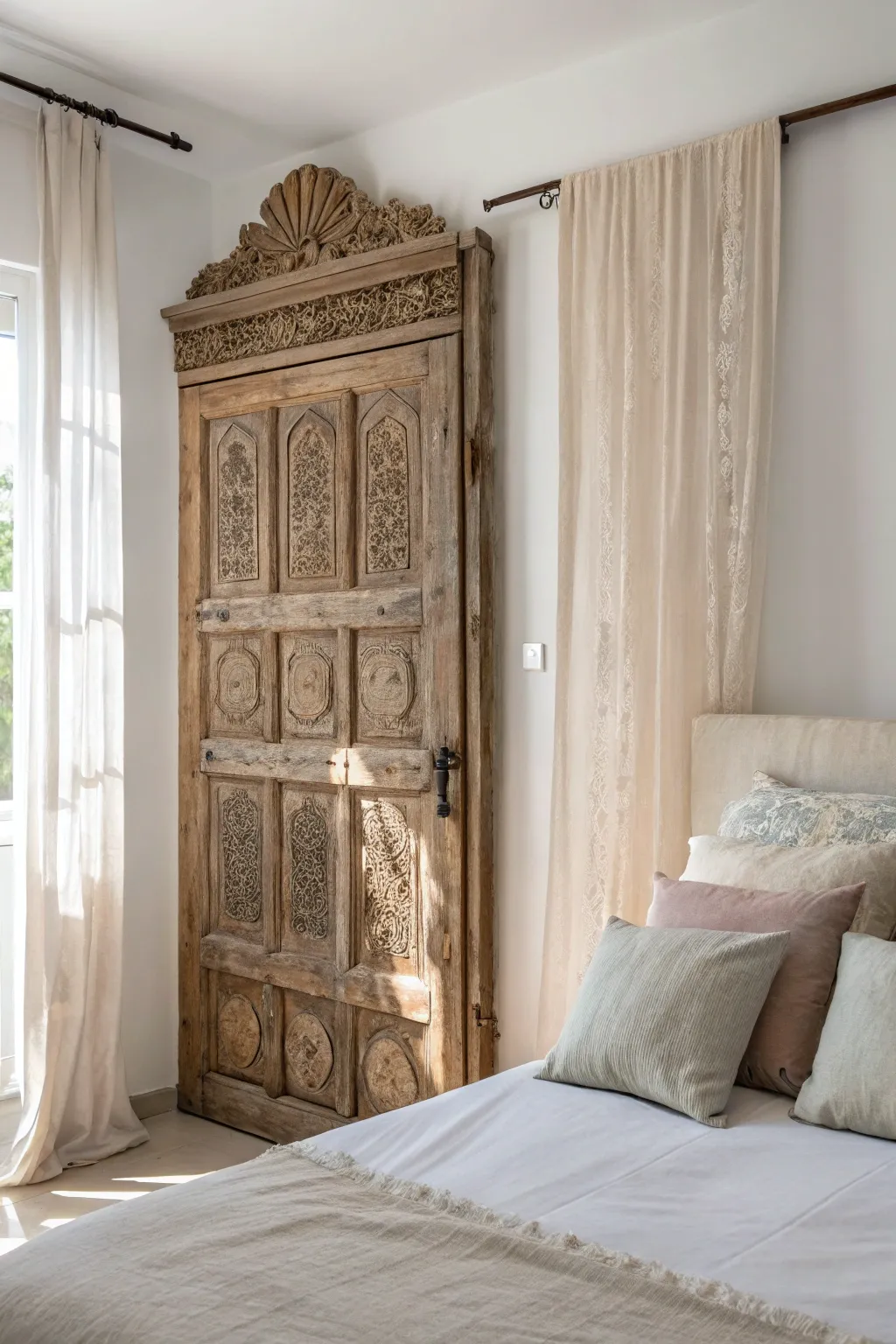 Transform your bedroom into a serene retreat with a rustic door headboard, blending simplicity and natural beauty.