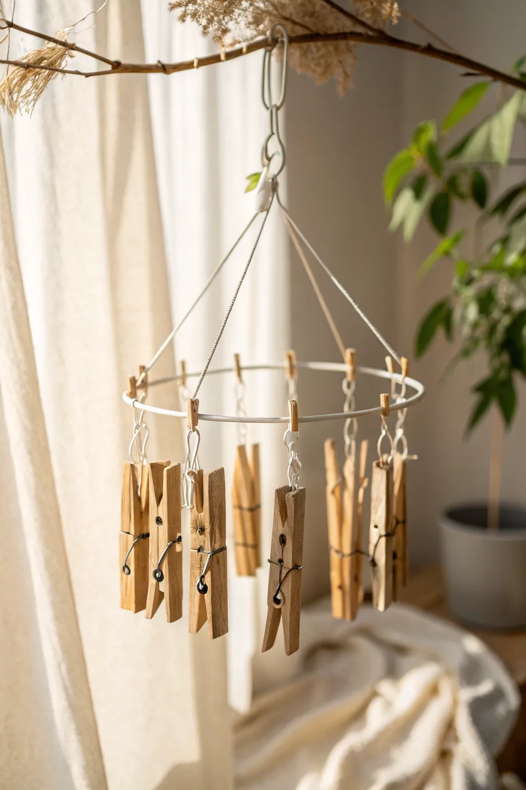 Embrace serenity with a handcrafted clothespin wind chime, blending minimalist elegance with boho charm.